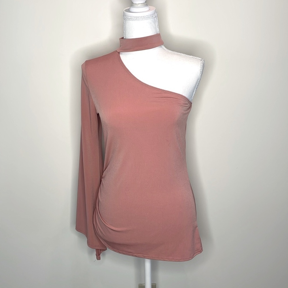 Beware Brand Coral One Bell Sleeve Top with Side Ruching. Large